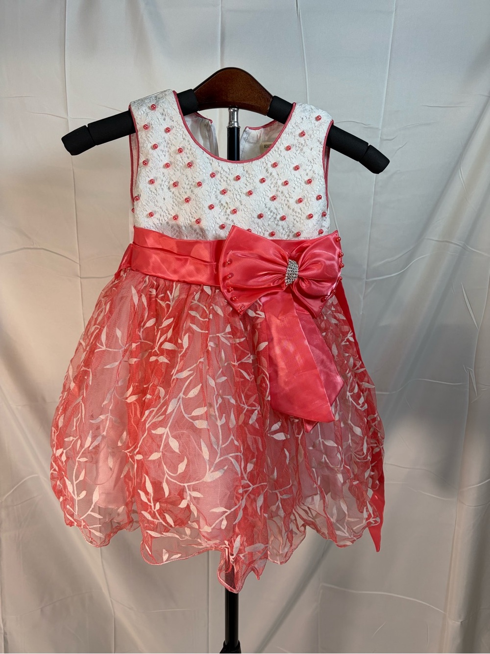 Coral Pink Embroidered Bow-Accent Party Dress for Girls